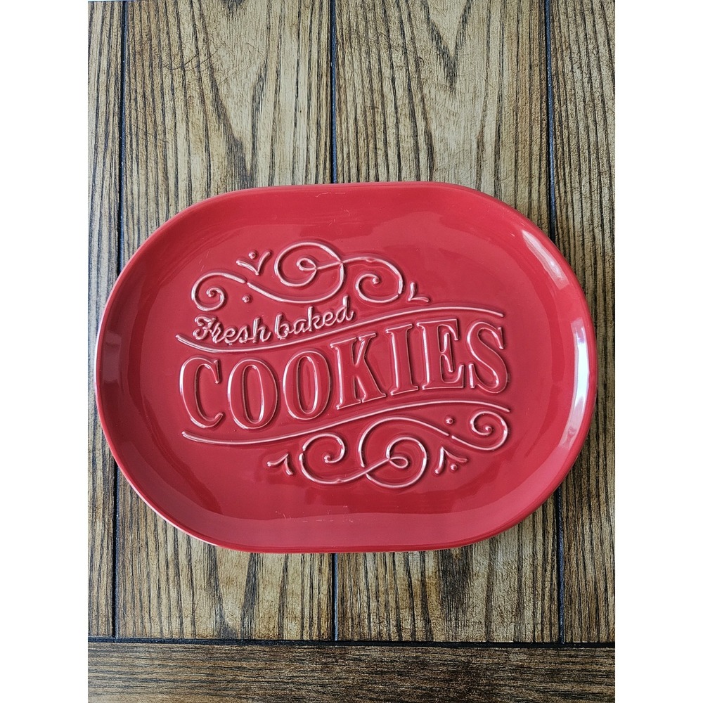 Hallmark Fresh Baked Cookies Red Ceramic Oval Platter Christmas Plate Tray 11"